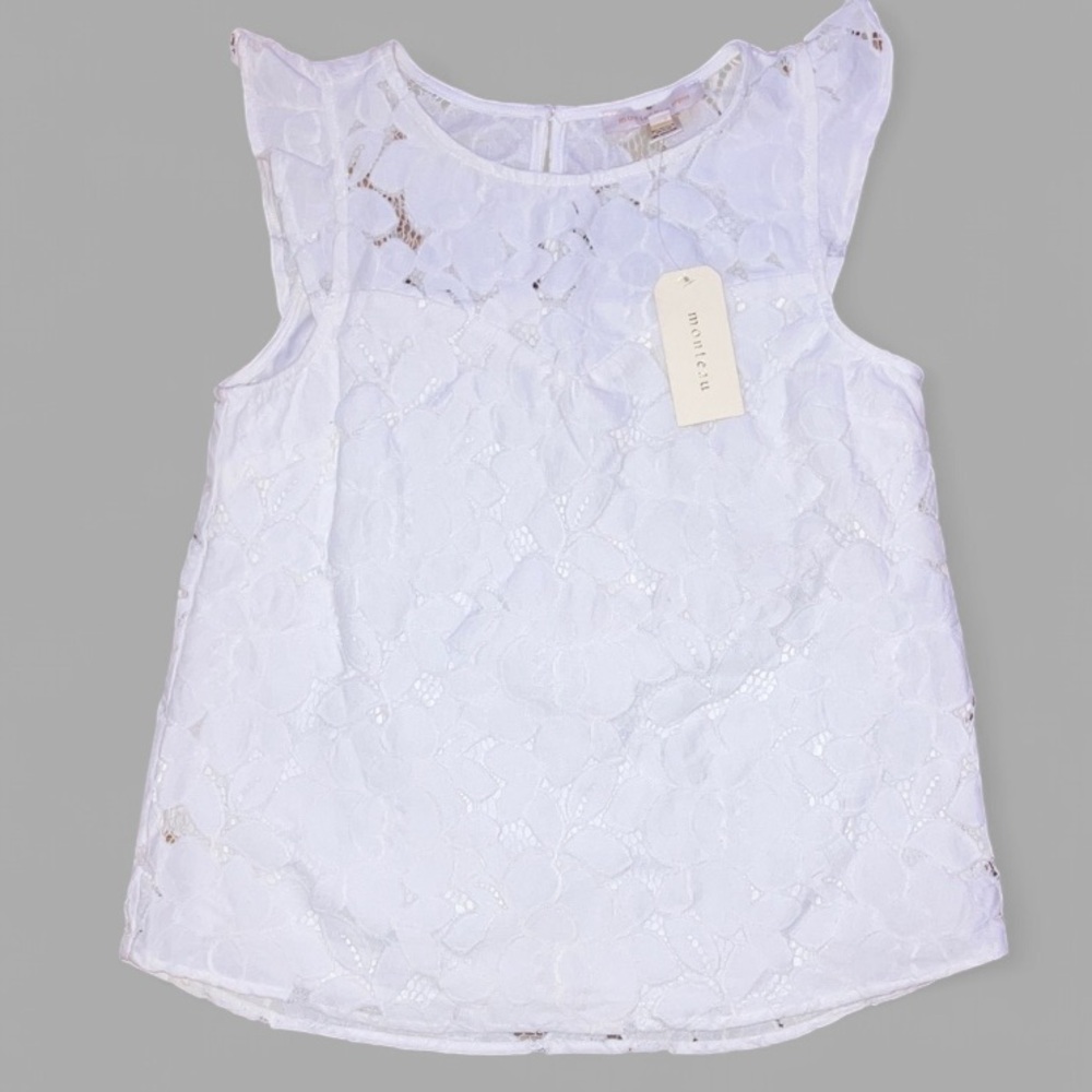 Monteau Cream Floral Eyelet lace short sleeve blouse Women’s Sz M NWT